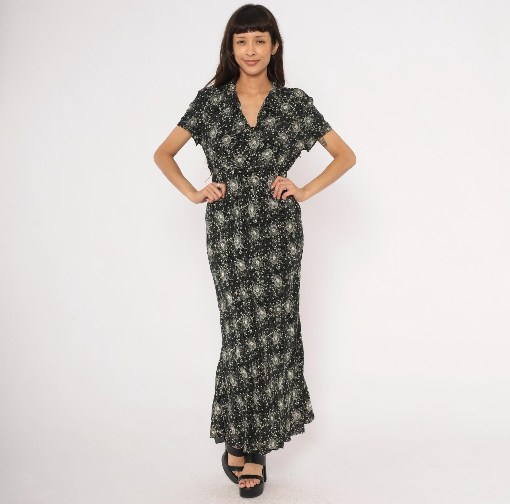 90s Scarlett Black Floral Maxi Dress White Dotted Short Sleeve Collared Large L
