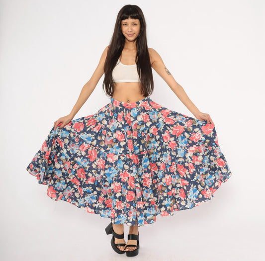 80s Navy Floral Tiered Cotton Midi Skirt Watercolor Print Large L