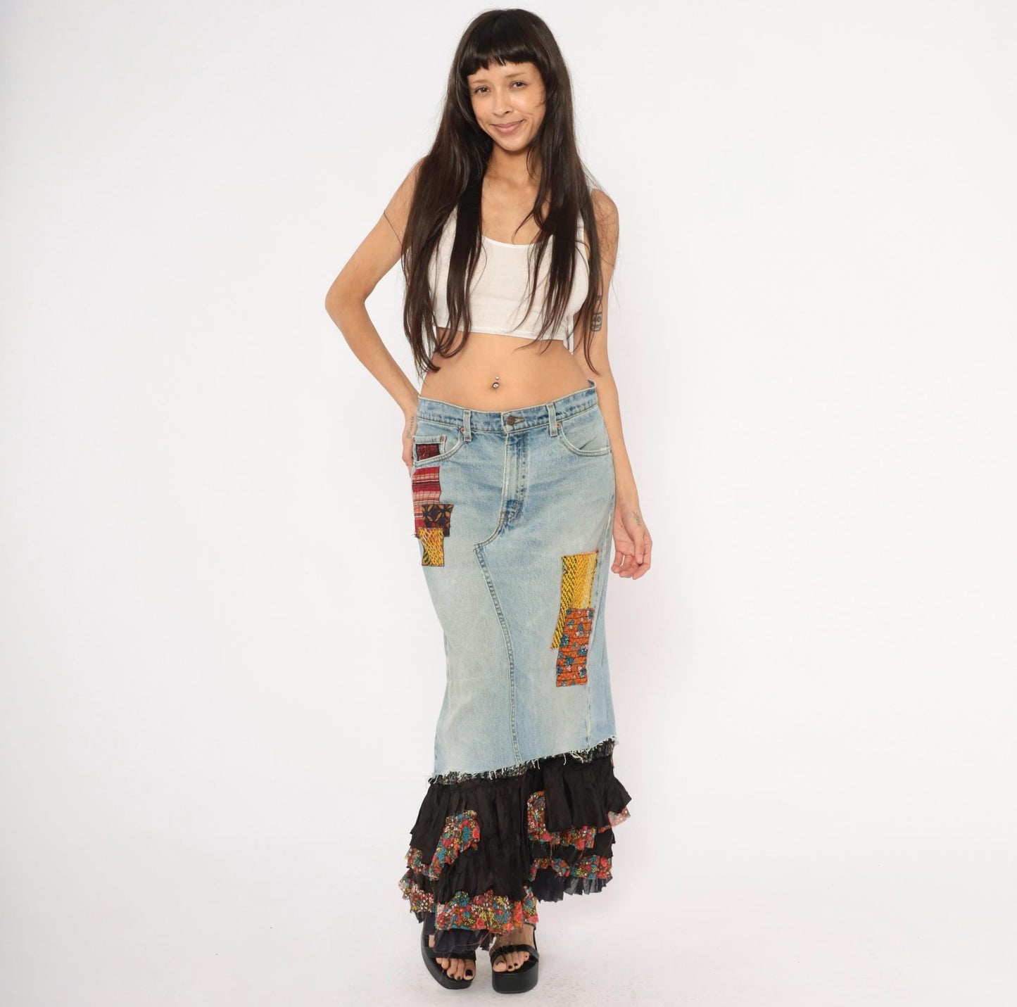 00s FP One Free People Patchwork Denim Maxi Skirt Light Wash Ruffled Small