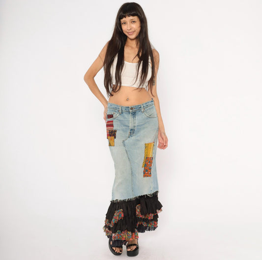 00s FP One Free People Patchwork Denim Maxi Skirt Light Wash Ruffled Small