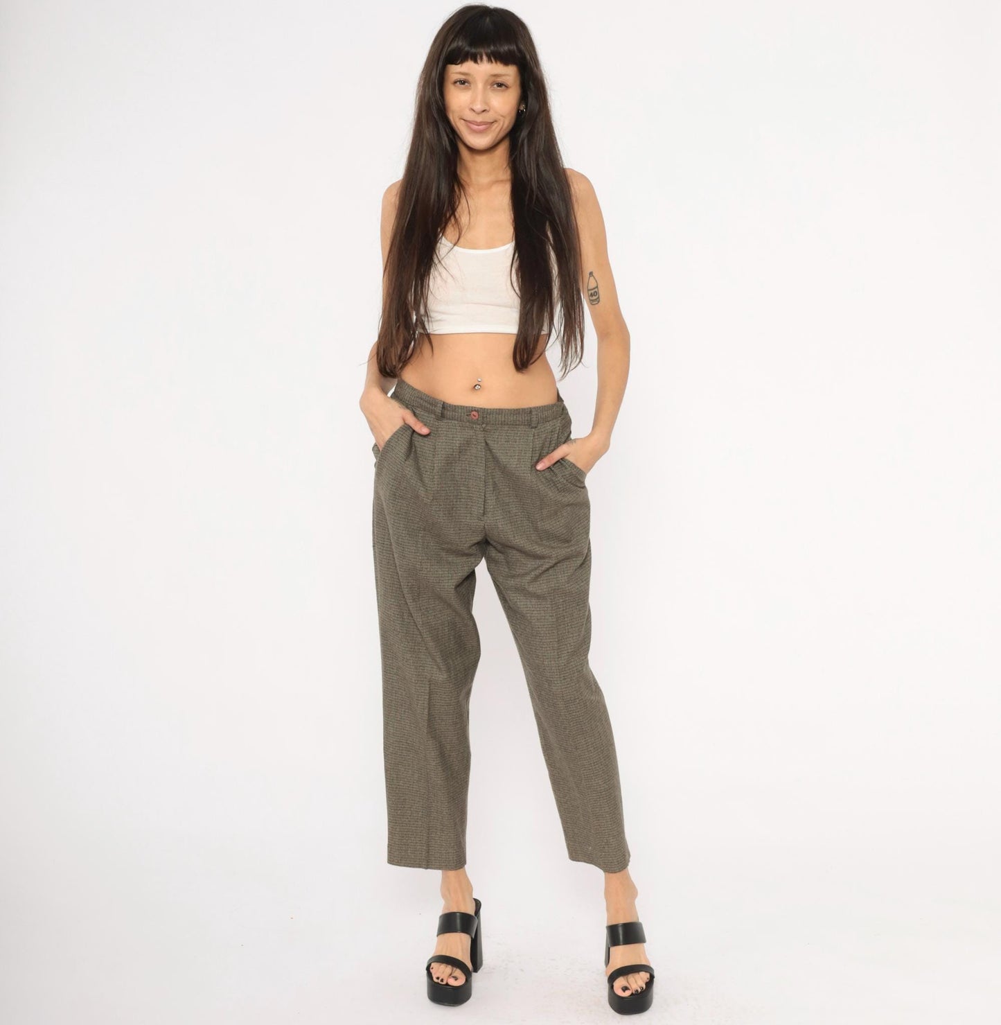 90s Requirements Houndstooth Pleated Trousers Olive High Waist Tapered Petite 8P