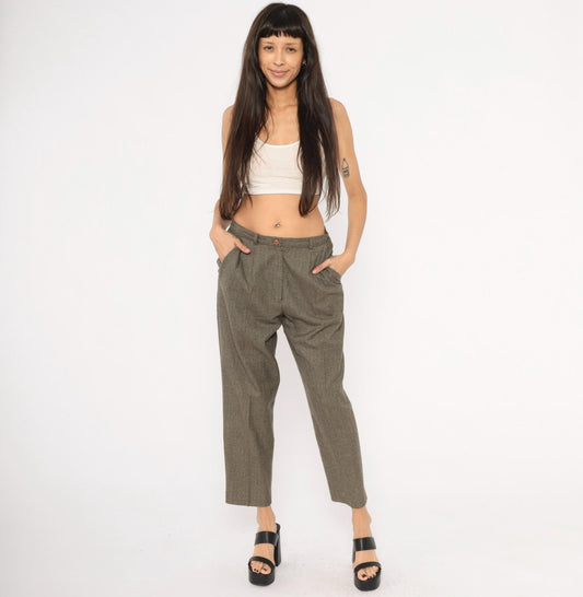 90s Requirements Houndstooth Pleated Trousers Olive High Waist Tapered Petite 8P