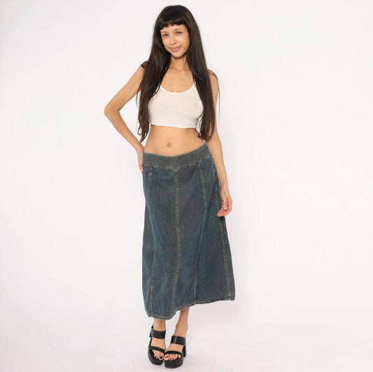 2000s Tommy Hilfiger Denim Midi Skirt Navy A-Line Low Rise Medium M
