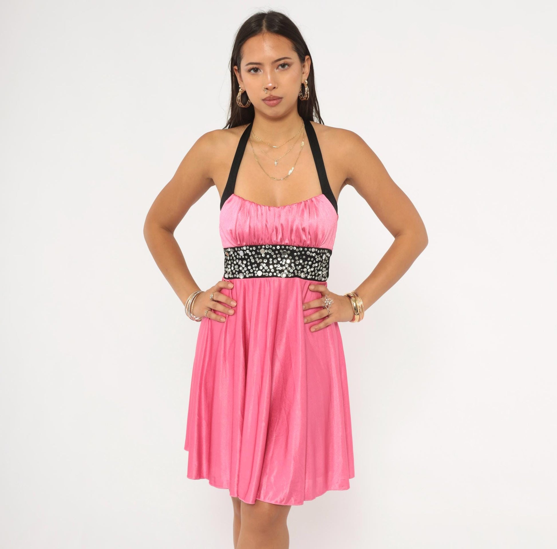 Y2K Speechless Pink Satin Halter Mini Dress Rhinestone – Shopexile
