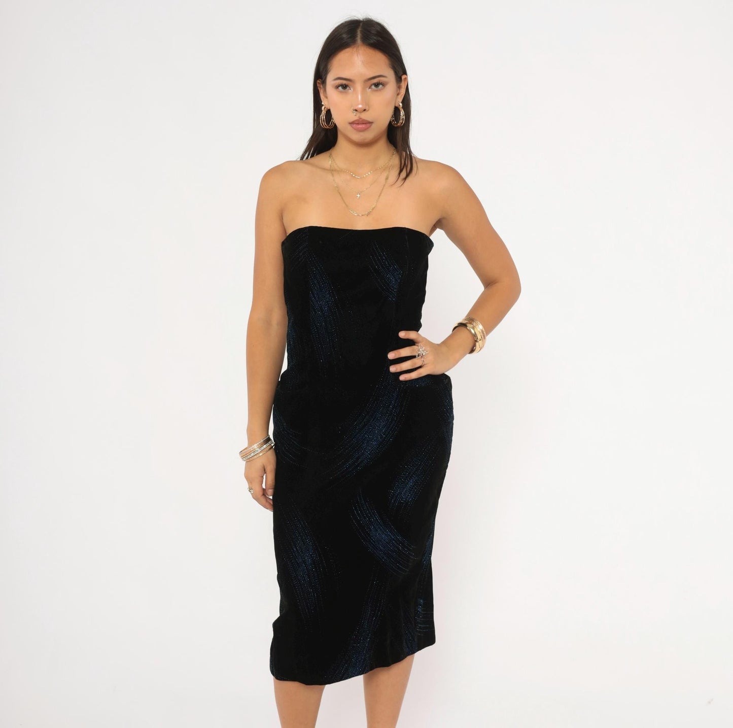 90s A.J. Bari Black Velvet Strapless Dress Blue Glitter Stripe Knee Length Small