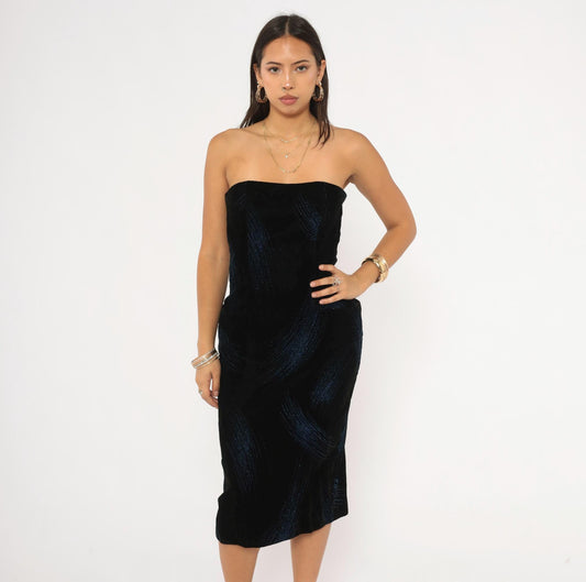 90s A.J. Bari Black Velvet Strapless Dress Blue Glitter Stripe Knee Length Small
