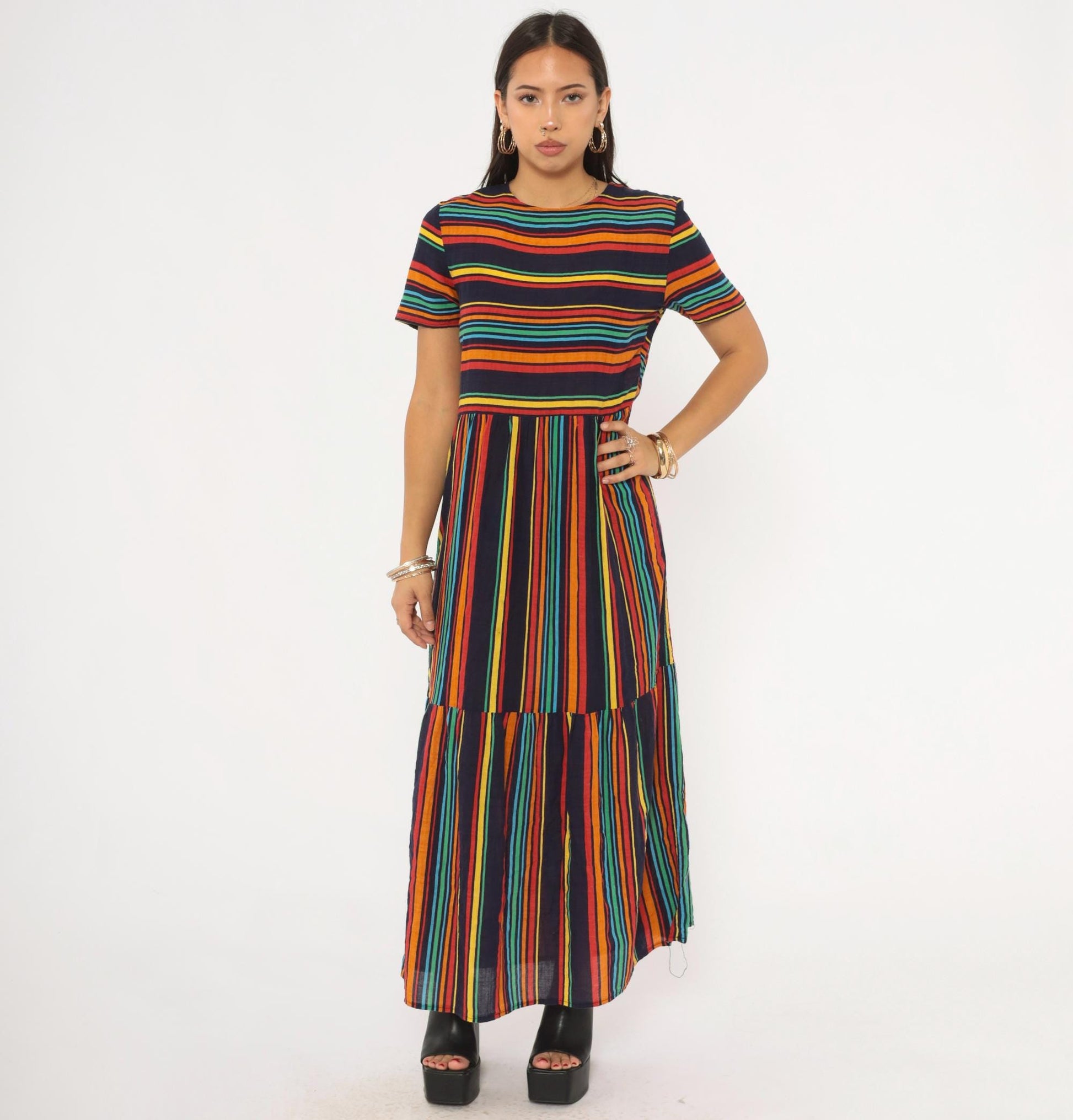 2000s Rainbow Stripe Maxi Dress Navy Multicolor Tiered Skirt Medium M