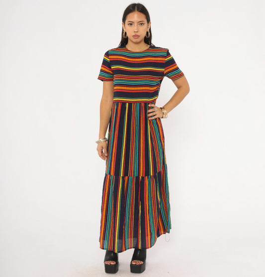 2000s Rainbow Stripe Maxi Dress Navy Multicolor Tiered Skirt Medium M