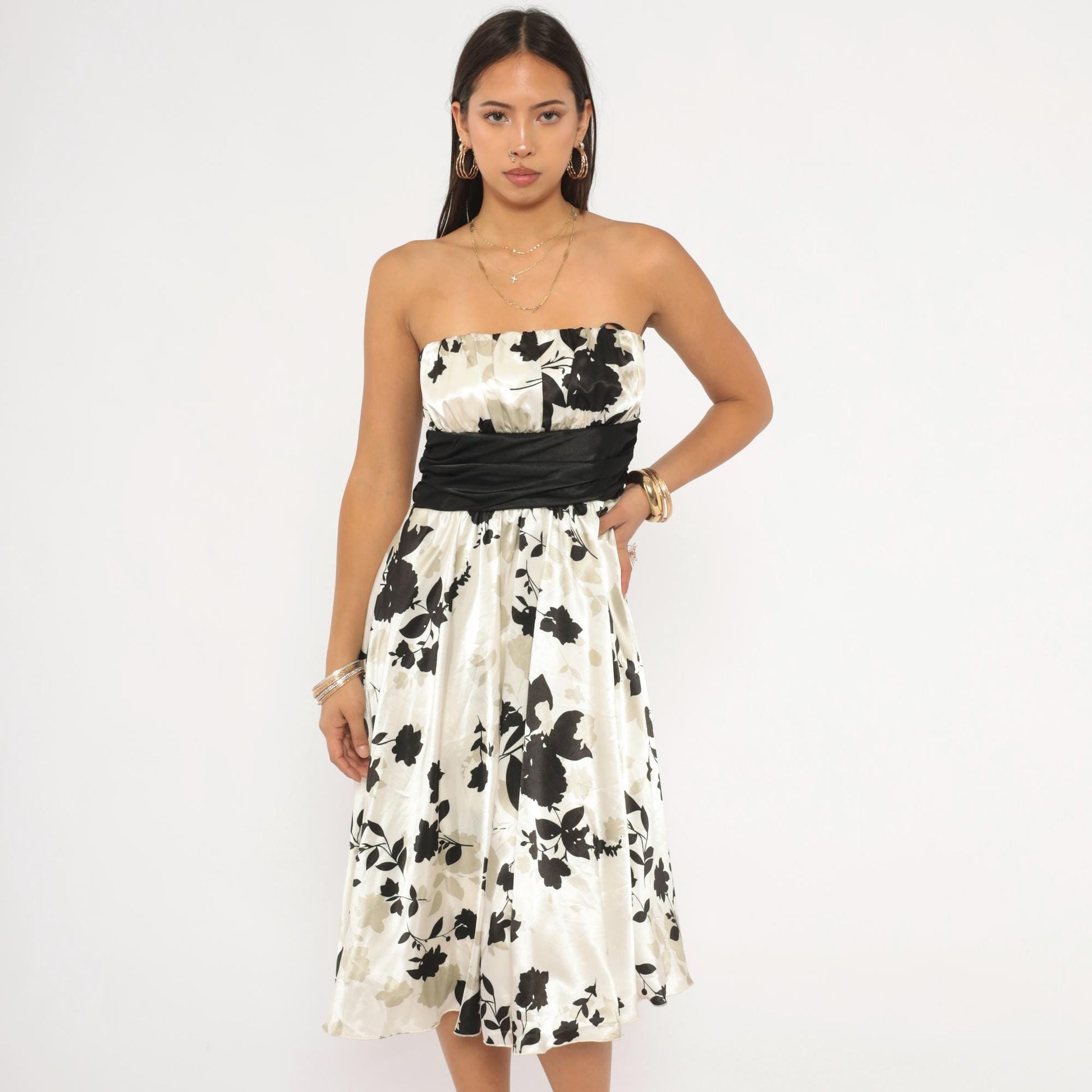 Y2K Intrigue Strapless Floral Mini Dress Black Cream Satin Empire Waist Medium