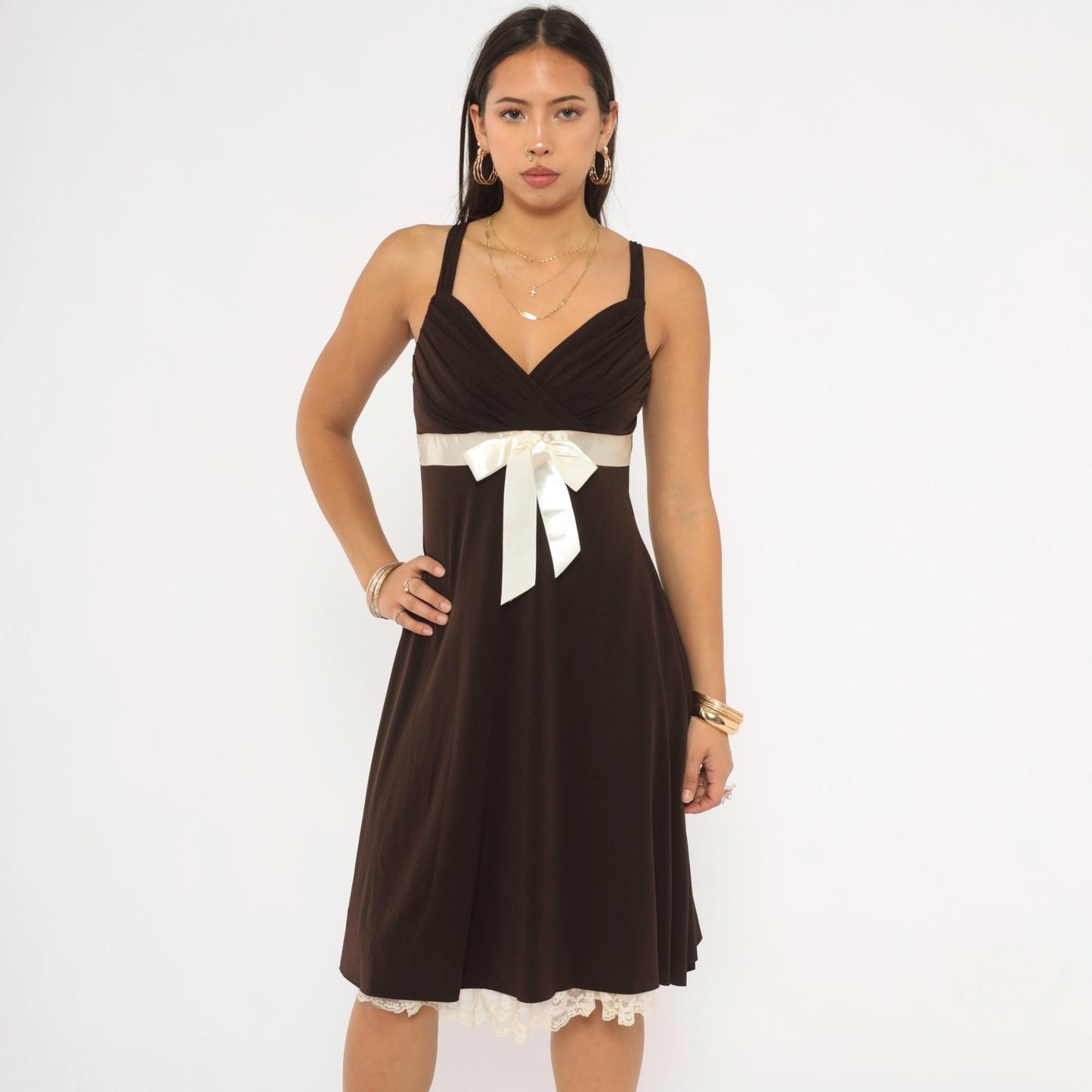 Y2K My Michelle Chocolate Brown Mini Dress Satin Bow Empire Waist Medium M