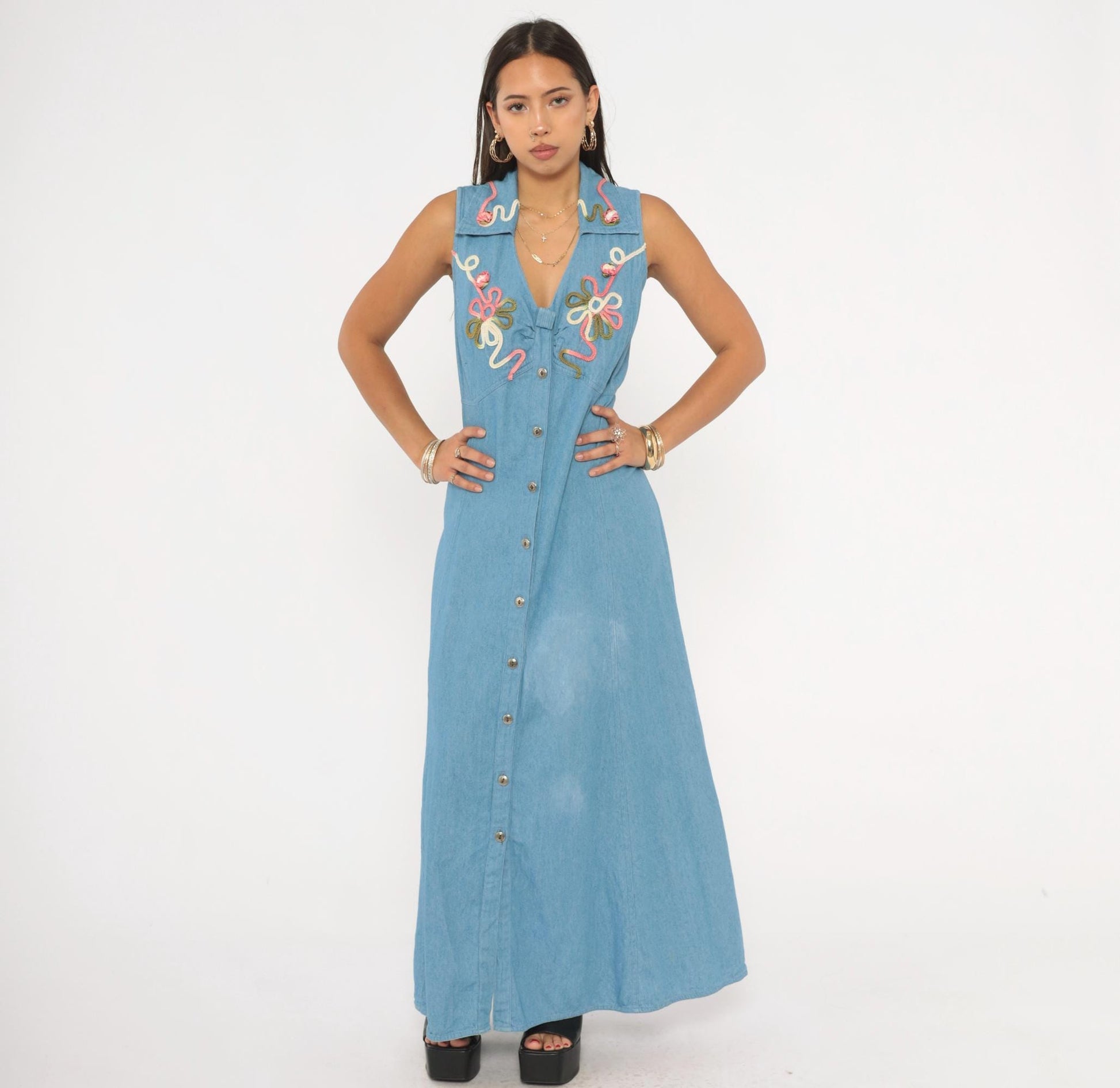 90s Midnite Light Blue Denim Maxi Dress Floral Embroidery Collared Medium M