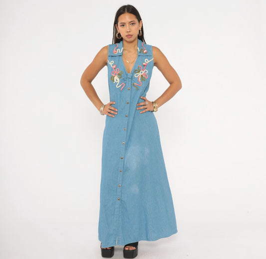 90s Midnite Light Blue Denim Maxi Dress Floral Embroidery Collared Medium M