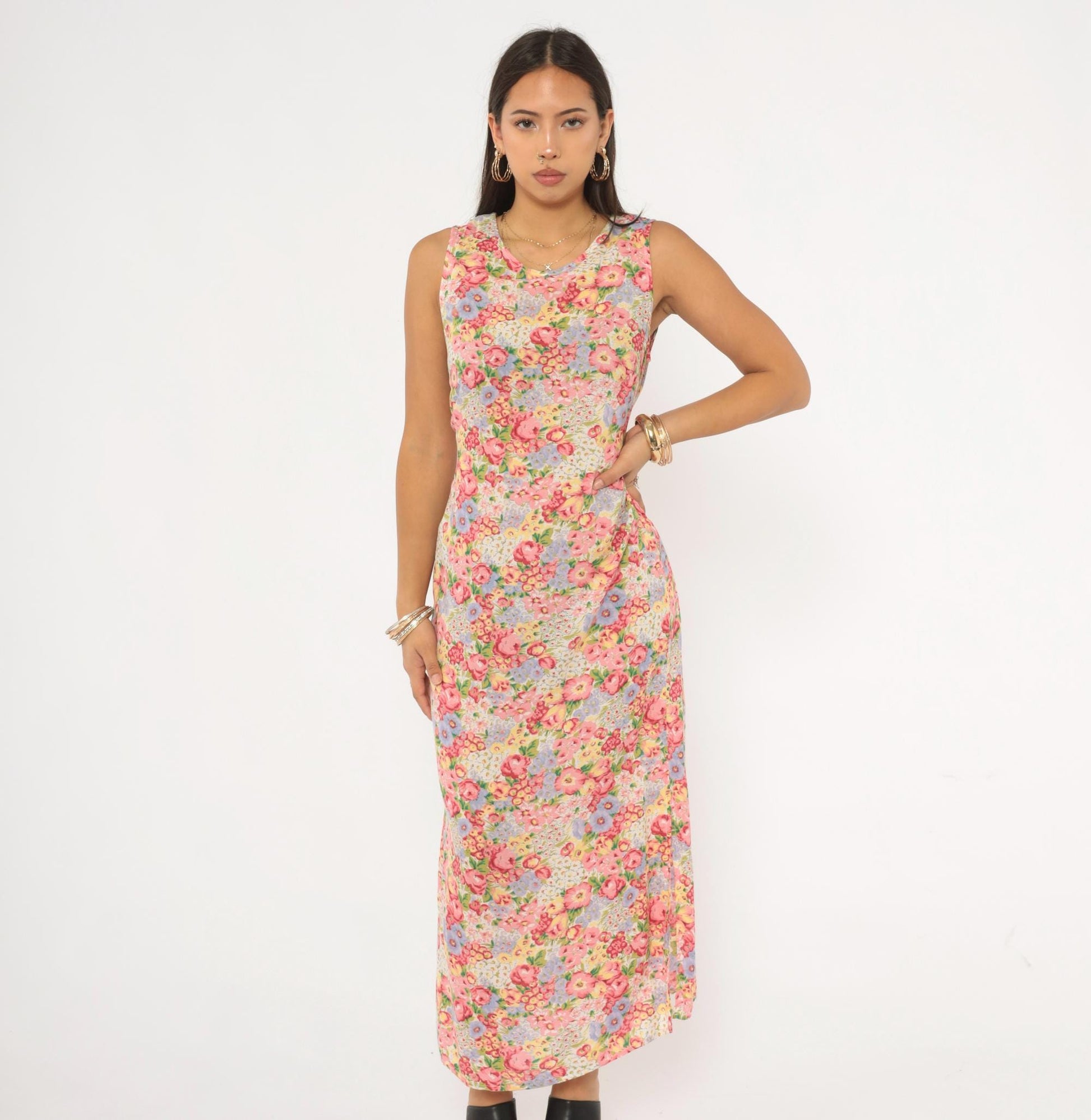 90s Casual Corner Annex Floral Maxi Dress Pink Garden Print Tie Back Small