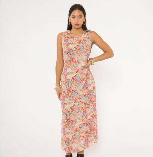 90s Casual Corner Annex Floral Maxi Dress Pink Garden Print Tie Back Small