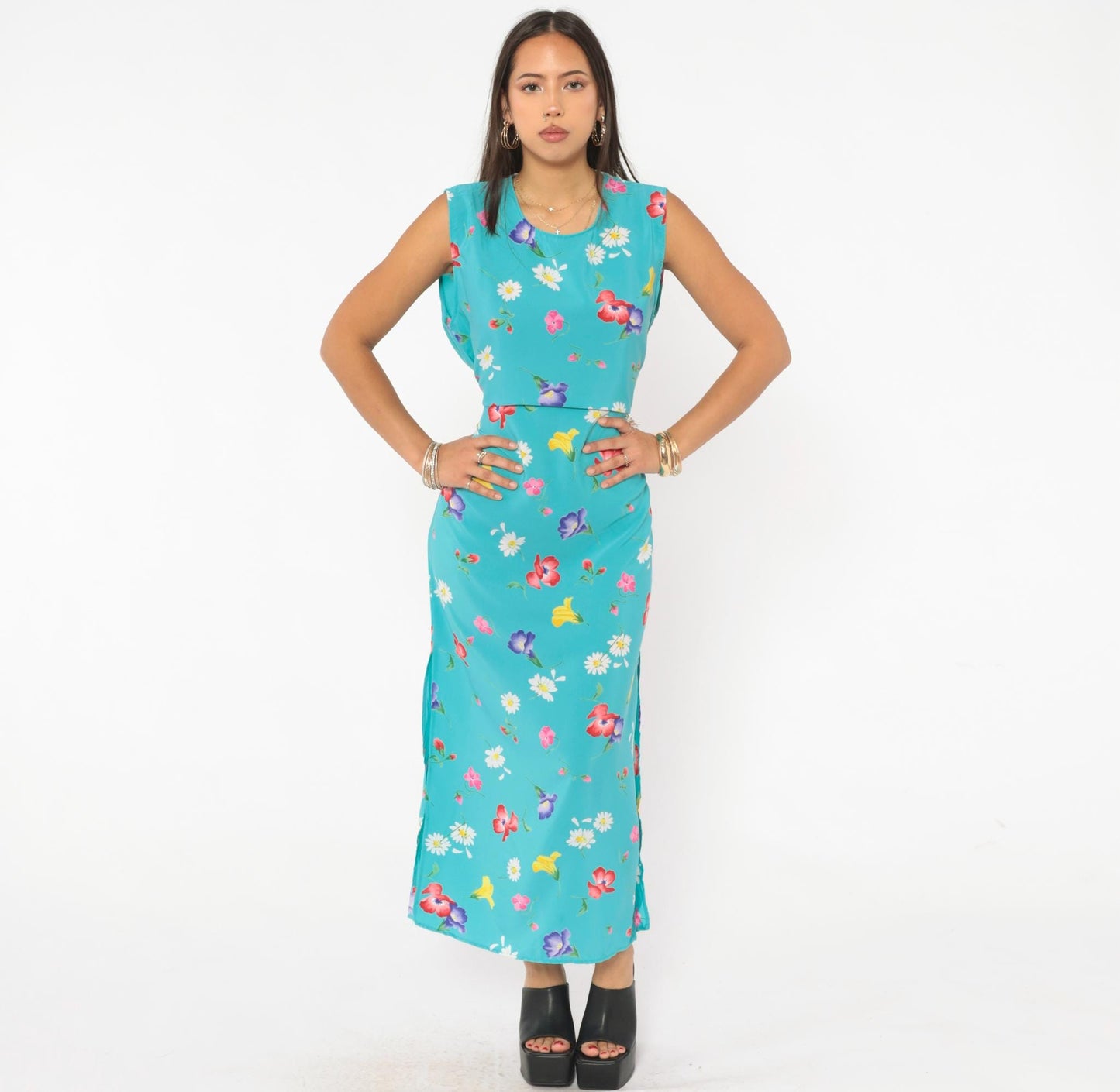 90s Top Secret New York Floral Maxi Dress Turquoise Wildflower Medium M