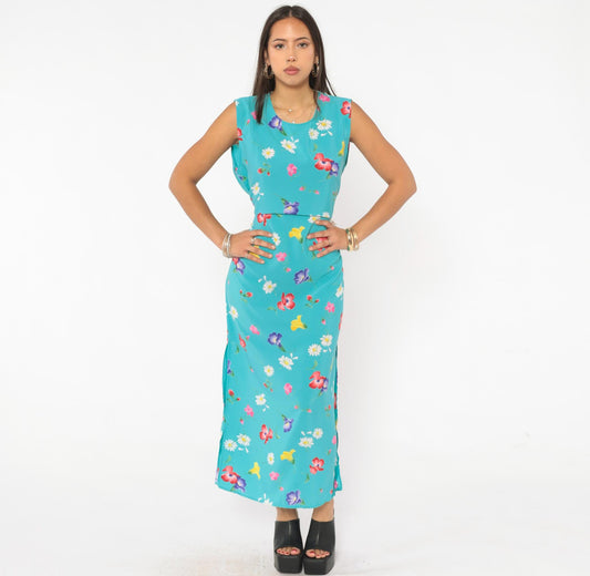 90s Top Secret New York Floral Maxi Dress Turquoise Wildflower Medium M
