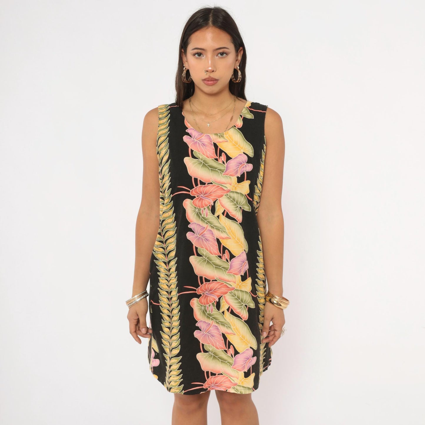 90s Kalaheo Hawaiian Shift Dress Black Tropical Floral Mini Small S