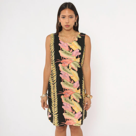 90s Kalaheo Hawaiian Shift Dress Black Tropical Floral Mini Small S