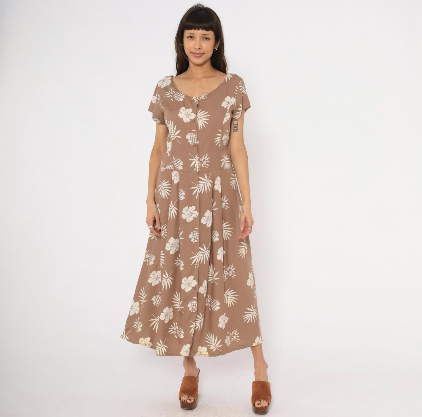 80s Apart Tropical Hibiscus Maxi Dress Tan Cream Cap Sleeve Medium M