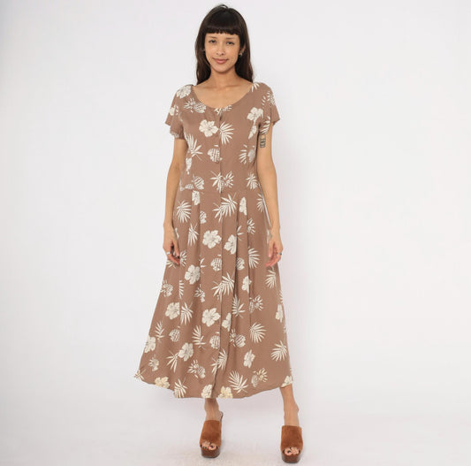 80s Apart Tropical Hibiscus Maxi Dress Tan Cream Cap Sleeve Medium M