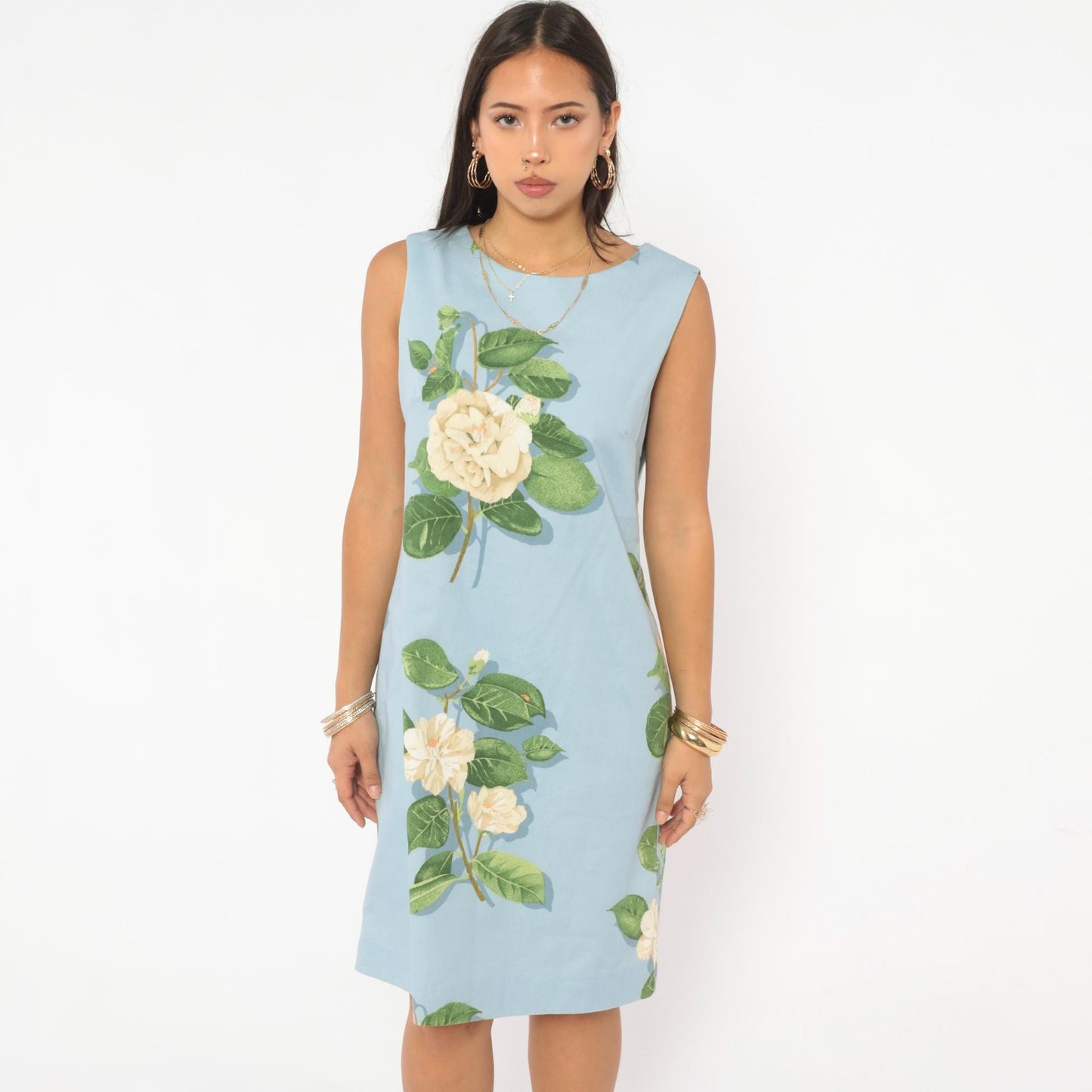 2000s Chris Kellogg Sky Blue Floral Shift Dress Botanical Rose Print Knee Length Medium M