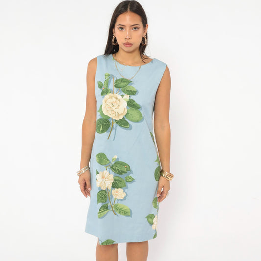 2000s Chris Kellogg Sky Blue Floral Shift Dress Botanical Rose Print Knee Length Medium M