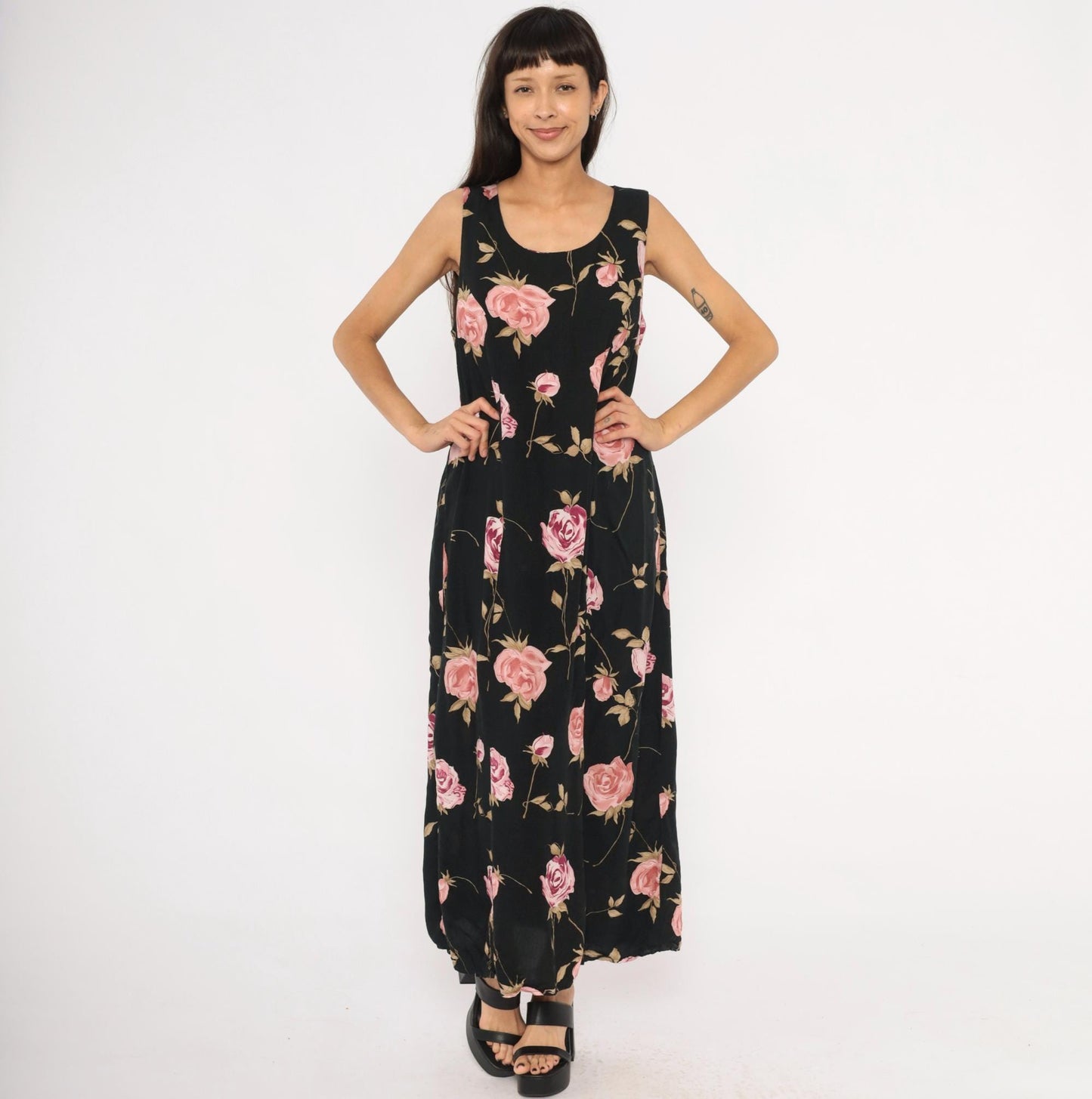 90s Jodi Michaels Rose Print Maxi Dress Black Pink Sleeveless Large L