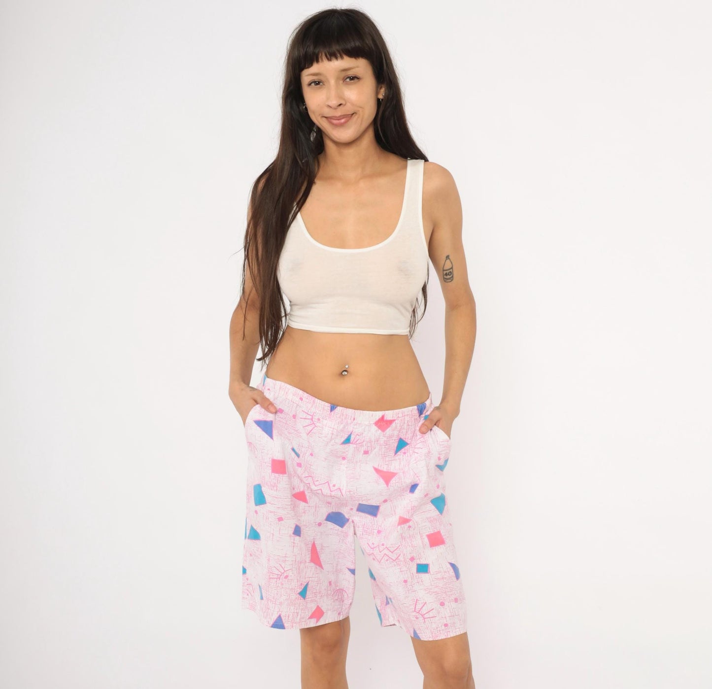 80s Geometric Triangle Shorts Pink Teal Blue Cotton Knee-Length Medium