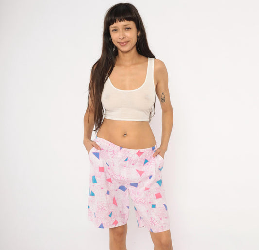 80s Geometric Triangle Shorts Pink Teal Blue Cotton Knee-Length Medium