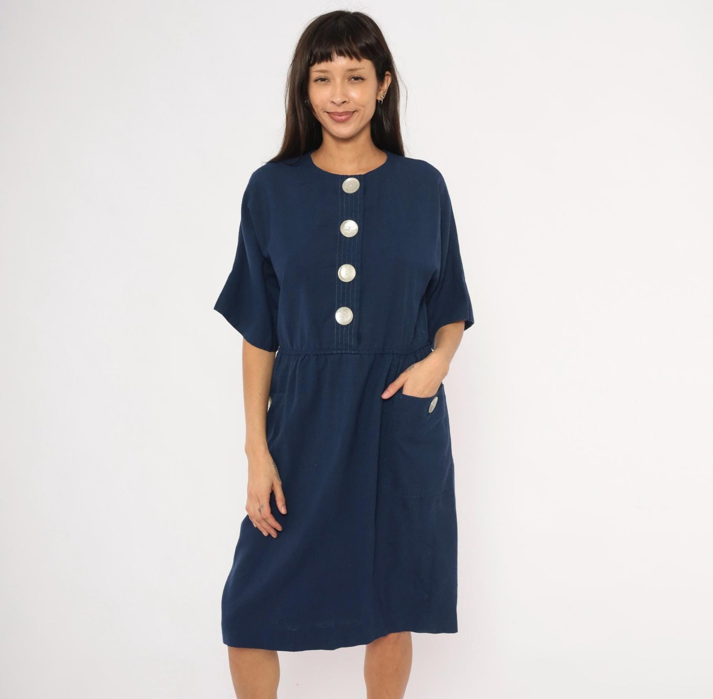 80s Leslie Fay Navy Button-Front Dress Knee-Length Elastic Waist Large L