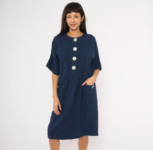80s Leslie Fay Navy Button-Front Dress Knee-Length Elastic Waist Large L