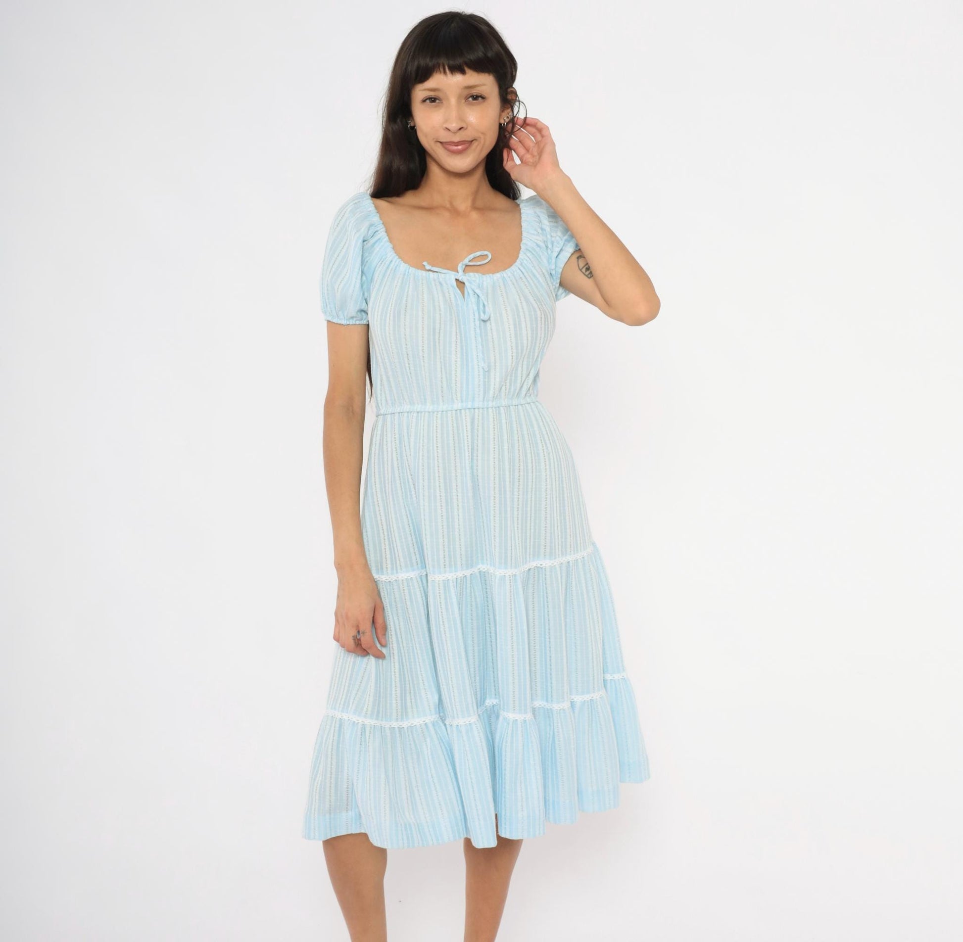 70s Sky Blue Striped Peasant Dress Puff Sleeve Tiered Skirt Lace Trim Medium M