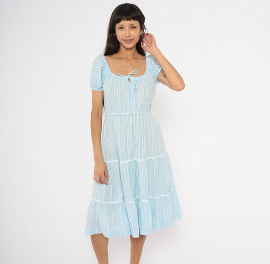 70s Sky Blue Striped Peasant Dress Puff Sleeve Tiered Skirt Lace Trim Medium M