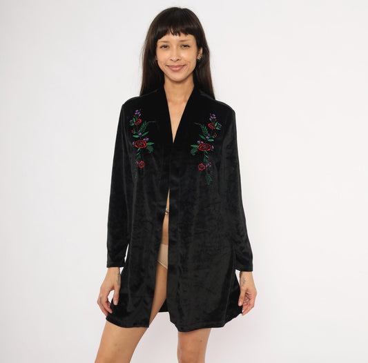 80s Blair Black Velvet Kimono Duster Embroidered Floral Rose Medium M