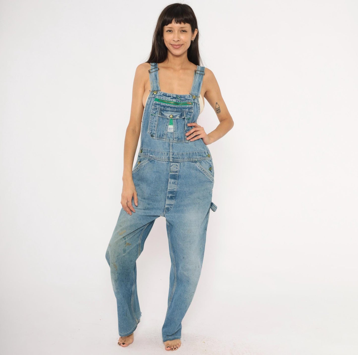 90s Liberty Denim Bib Overalls Green Zipper Distressed Workwear Medium