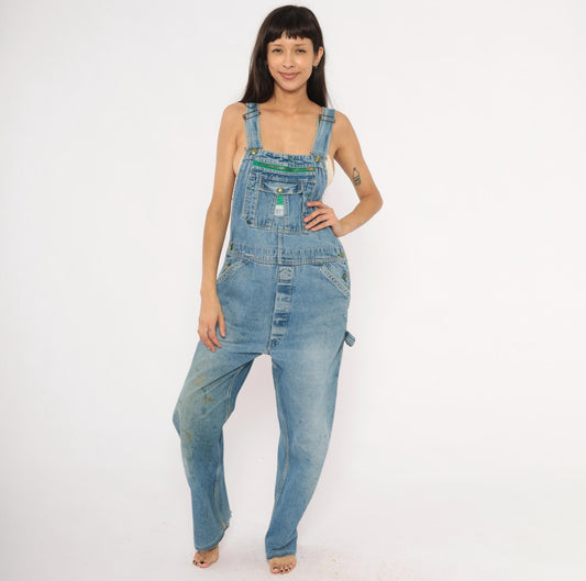 90s Liberty Denim Bib Overalls Green Zipper Distressed Workwear Medium