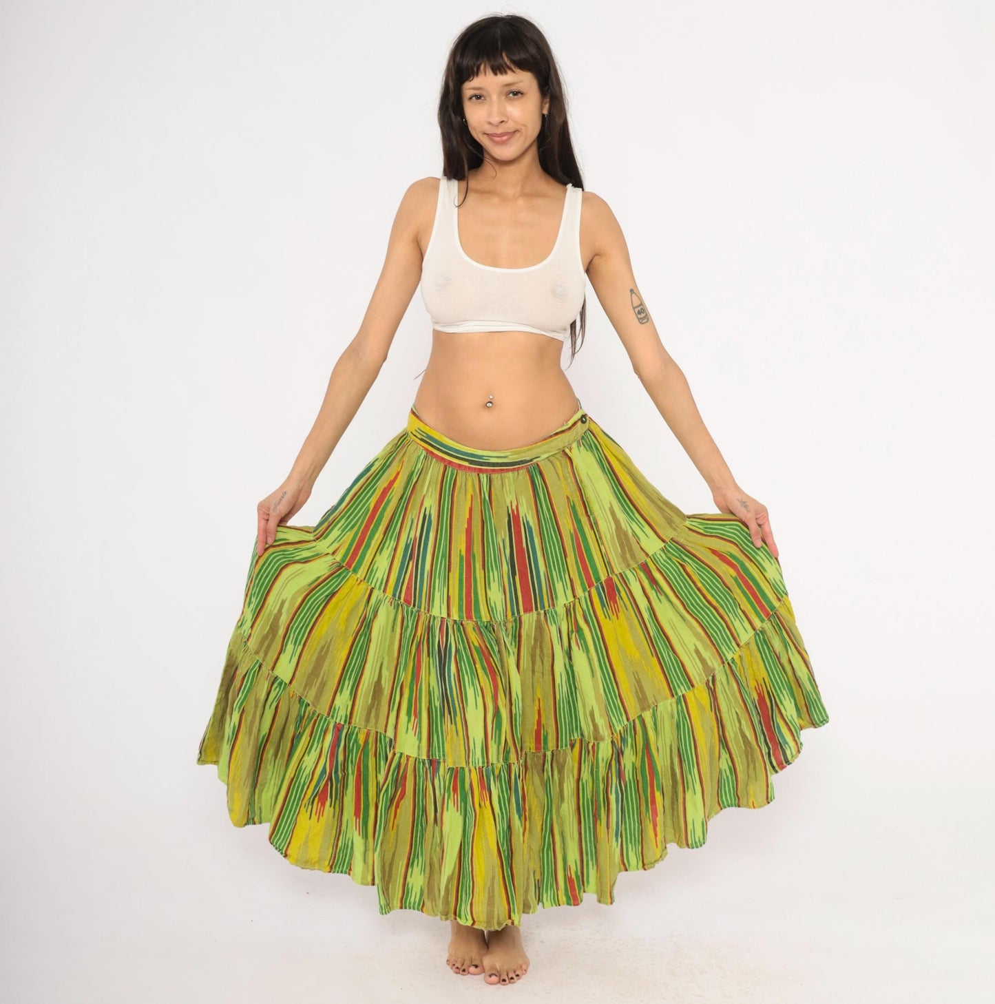 2000s Mason's Ikat Tiered Maxi Skirt Green Yellow Red Woven Large L