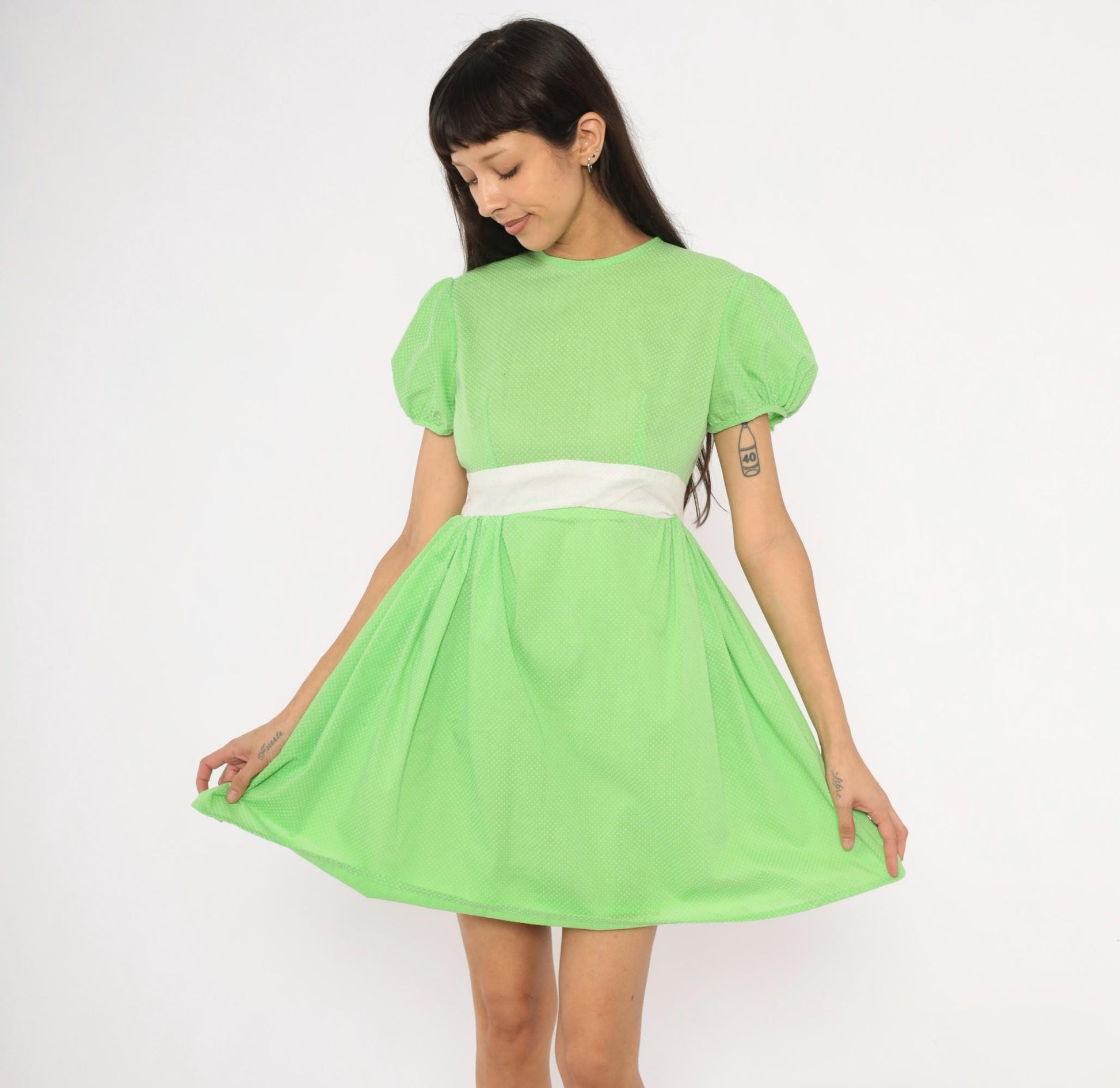 70s Lime Green Polka Dot Puff Sleeve Mini Dress Cotton Bow Waist Small S