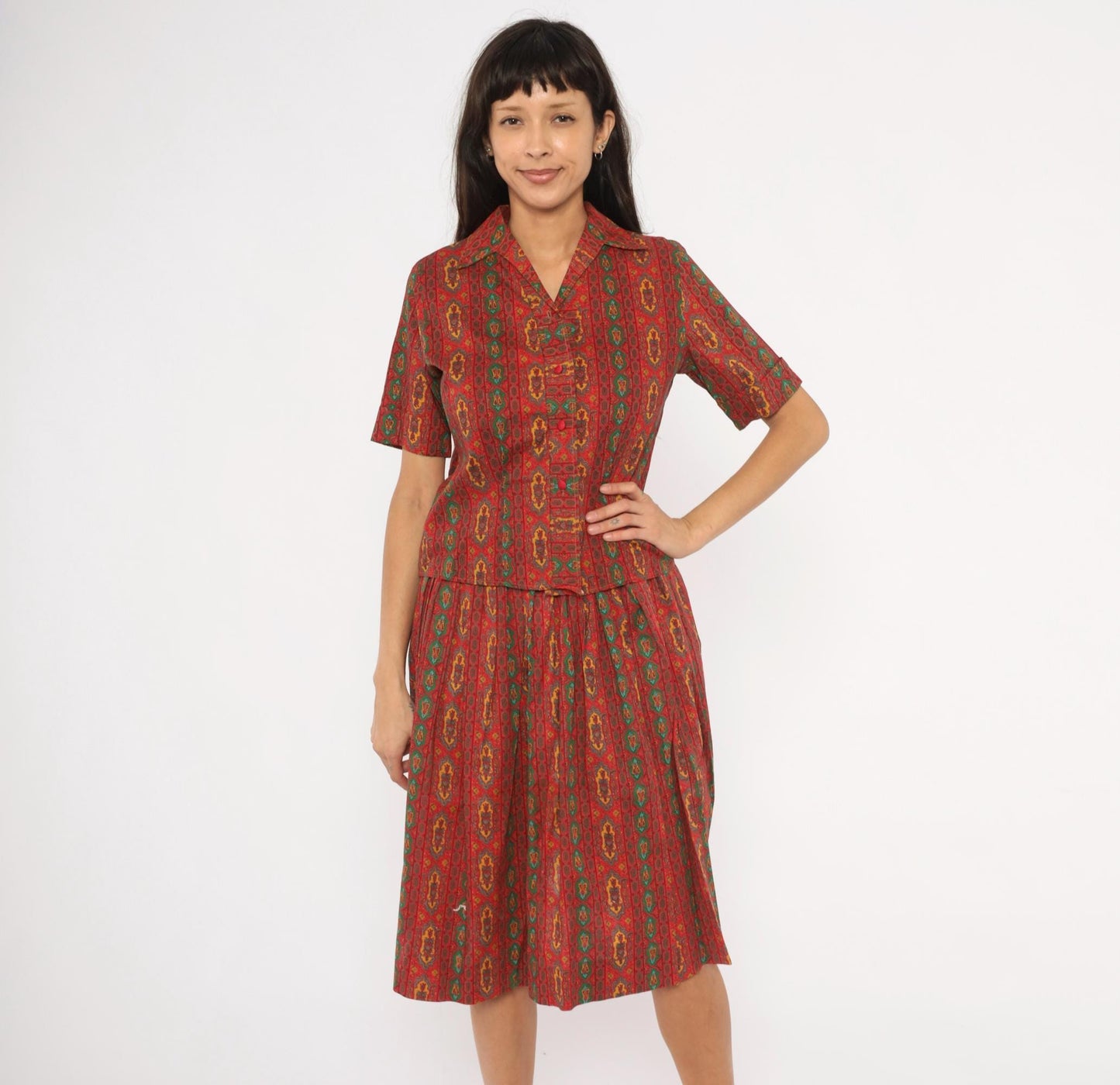 60s Medallion Print Two Piece Set Red Green Cotton Blouse Pleated Skirt Small