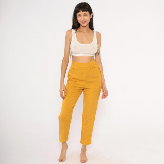 90s Sāke Mustard Linen High-Waist Tapered Trousers Extra Small XS