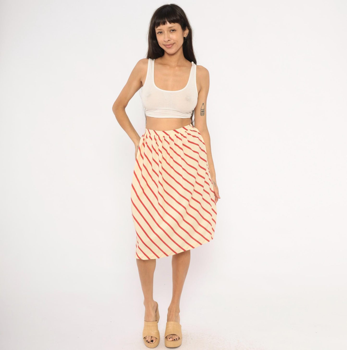 60s Bryn Mawr Diagonal Stripe A-Line Skirt Red Cream Knee Length Extra Small XS