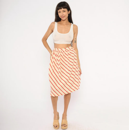 60s Bryn Mawr Diagonal Stripe A-Line Skirt Red Cream Knee Length Extra Small XS