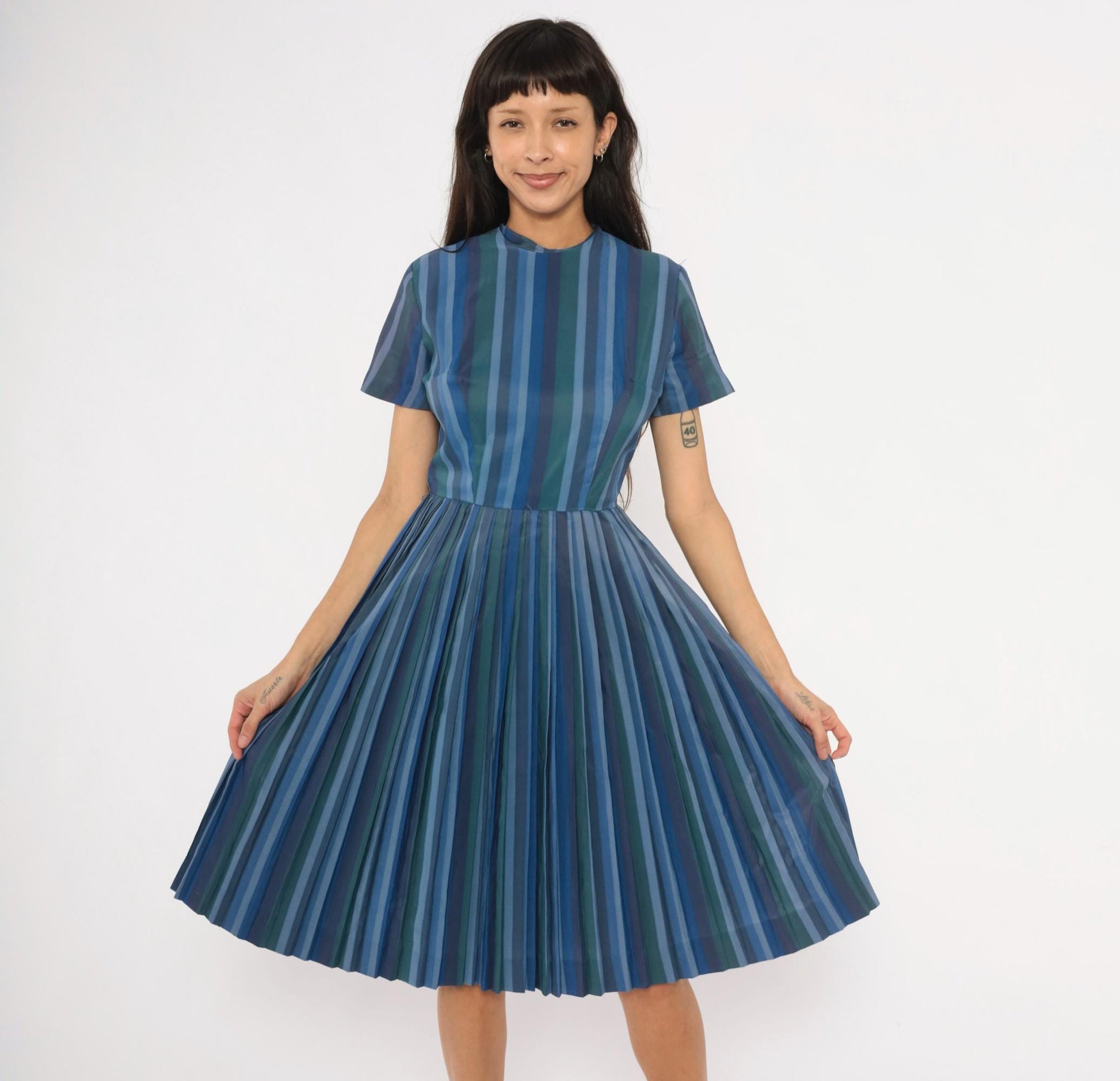 60s Stacy Ames Striped Pleated Midi Dress Navy Teal Crew Neck Small