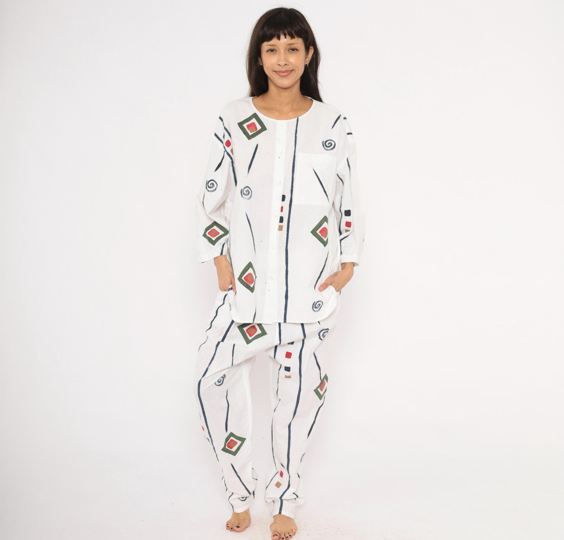90s Allegre Geometric Print Cotton Two Piece Set White Large L