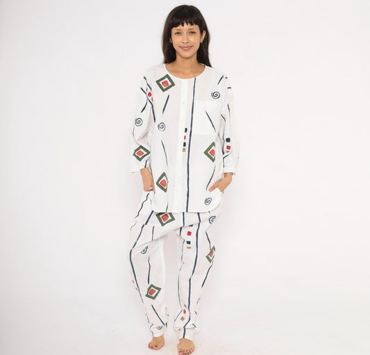 90s Allegre Geometric Print Cotton Two Piece Set White Large L