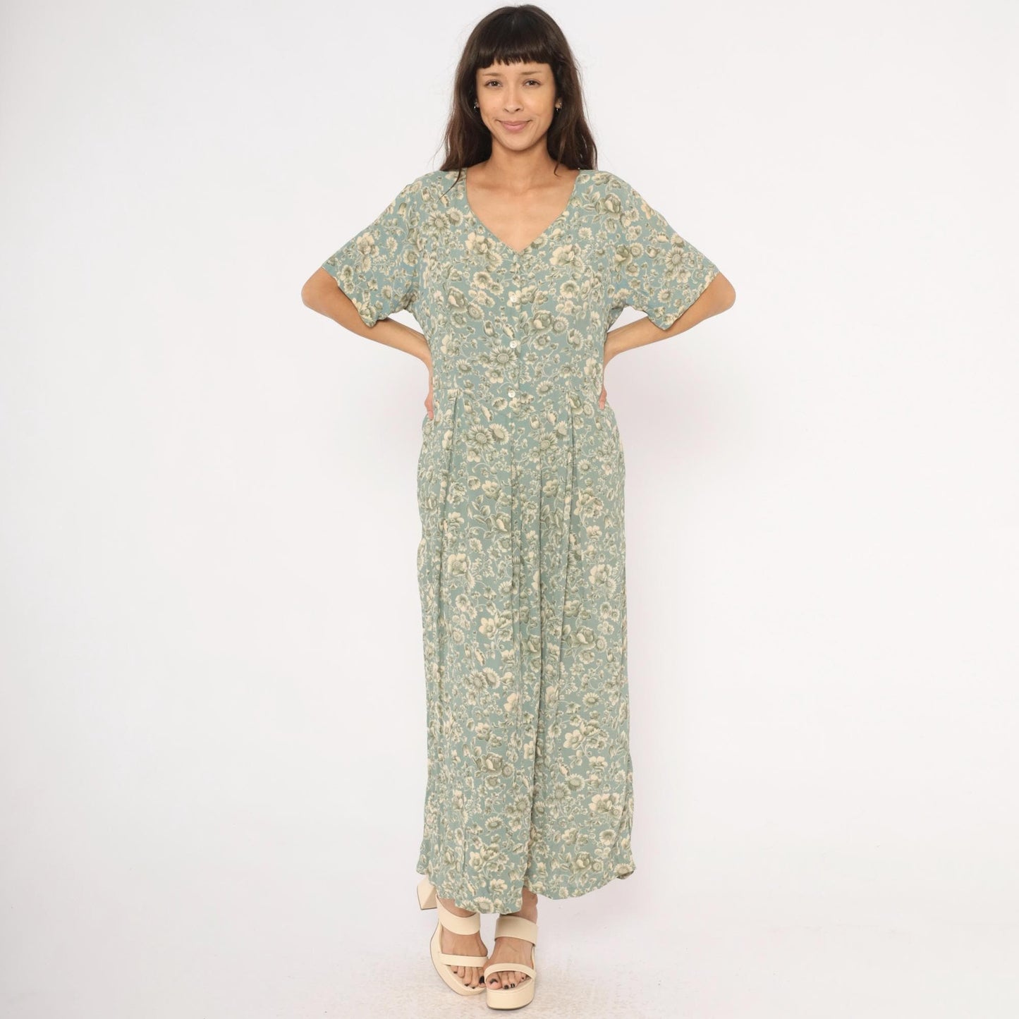 90s April Cornell Floral Maxi Dress Teal Cream V-Neck Short Sleeve Large L