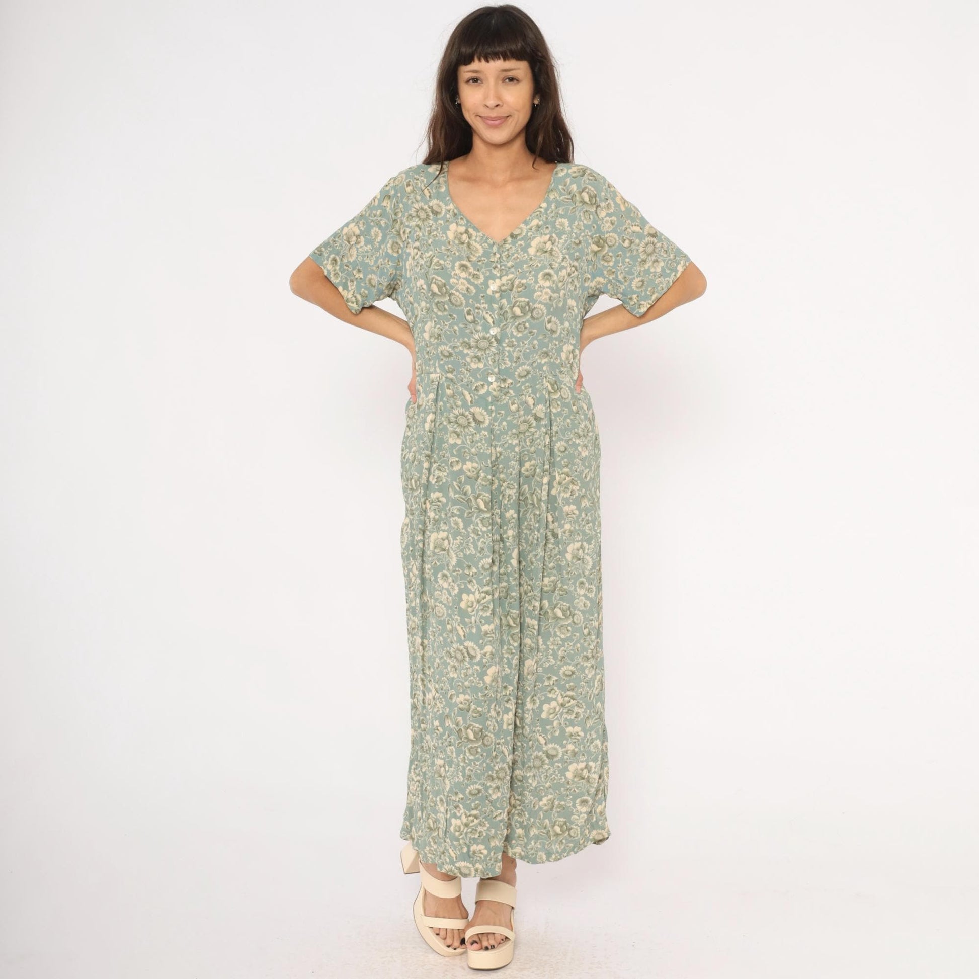 90s April Cornell Floral Maxi Dress Teal Cream V-Neck Short Sleeve Large L