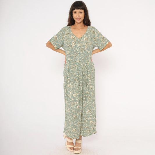 90s April Cornell Floral Maxi Dress Teal Cream V-Neck Short Sleeve Large L