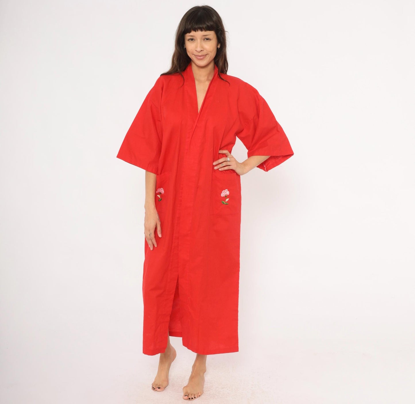 90s Peacock Red Kimono Robe Embroidered Floral Cotton Maxi Unisex Small