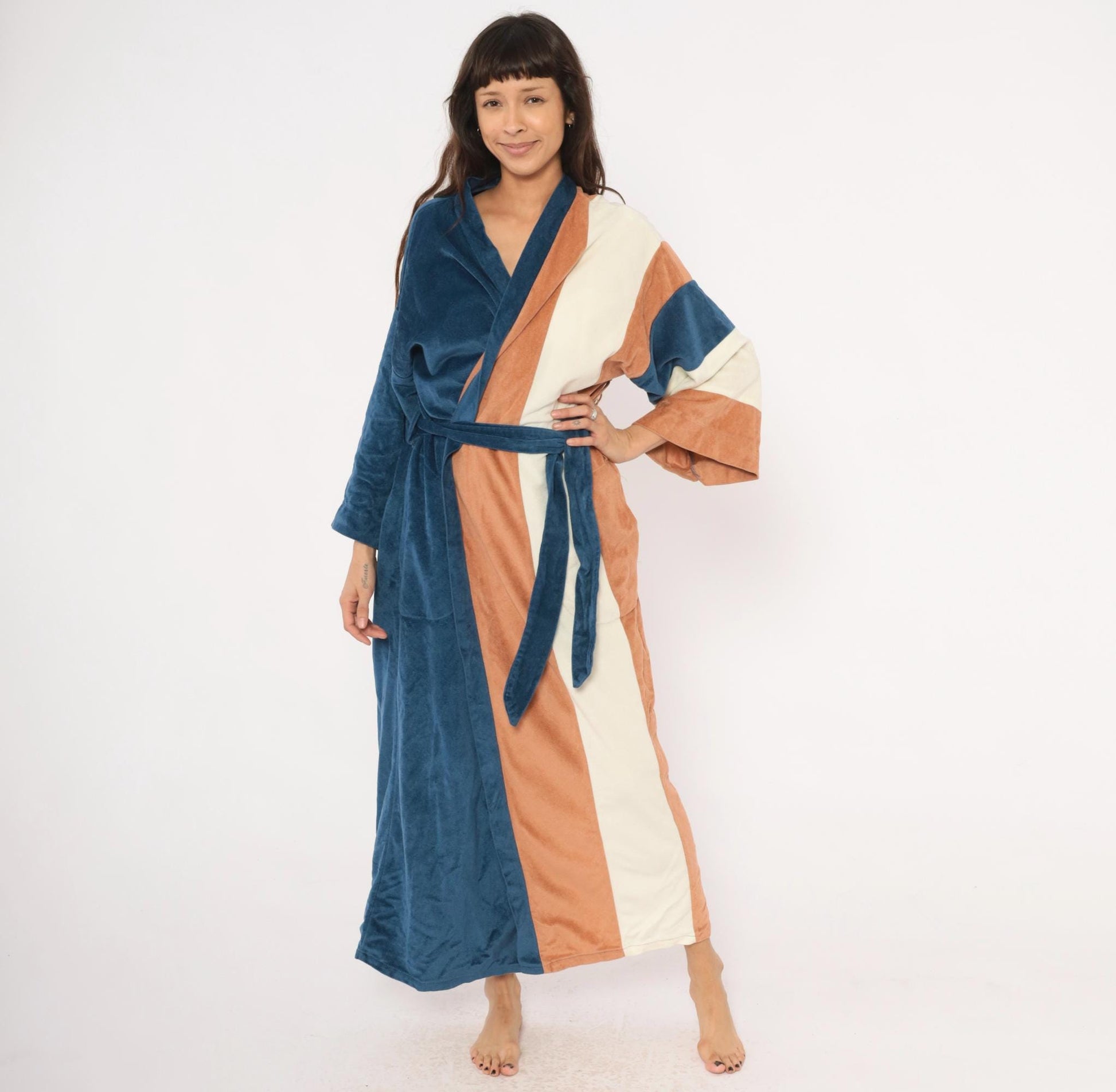 80s JCPenney Velour Kimono Robe Colorblock Navy Copper Cream One Size